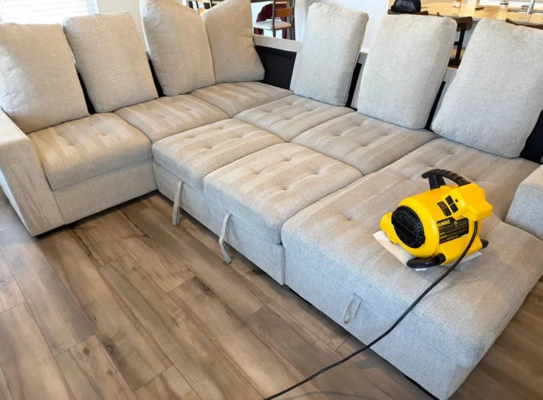 Large sectional upholstery cleaning scene with an air mover placed on the sofa to speed up drying after deep couch cleaning.