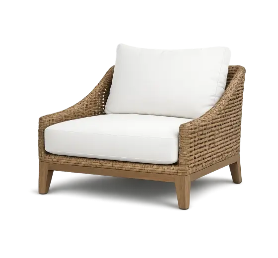 Patio furniture cleaning service category image in Raleigh, NC showing an outdoor woven chair with white cushions for outdoor upholstery cleaning and cushion cleaning.