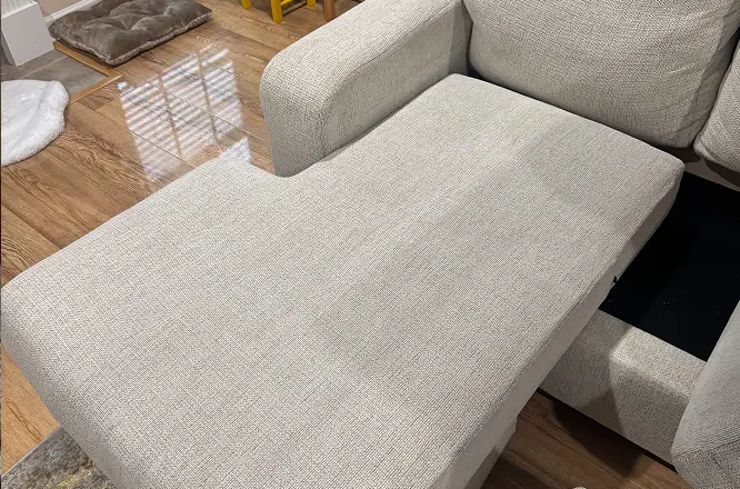 Light couch chaise cushion after pet stain removal and upholstery cleaning with improved fabric cleanliness.