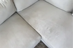 Light gray couch with dark pet stains before couch cleaning in Portland, OR, showing spots soaked into the seat fabric.