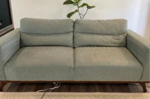 Same sofa after upholstery cleaning in Portland, OR, with brighter fabric, fresh color, and soft, fluffed cushions.