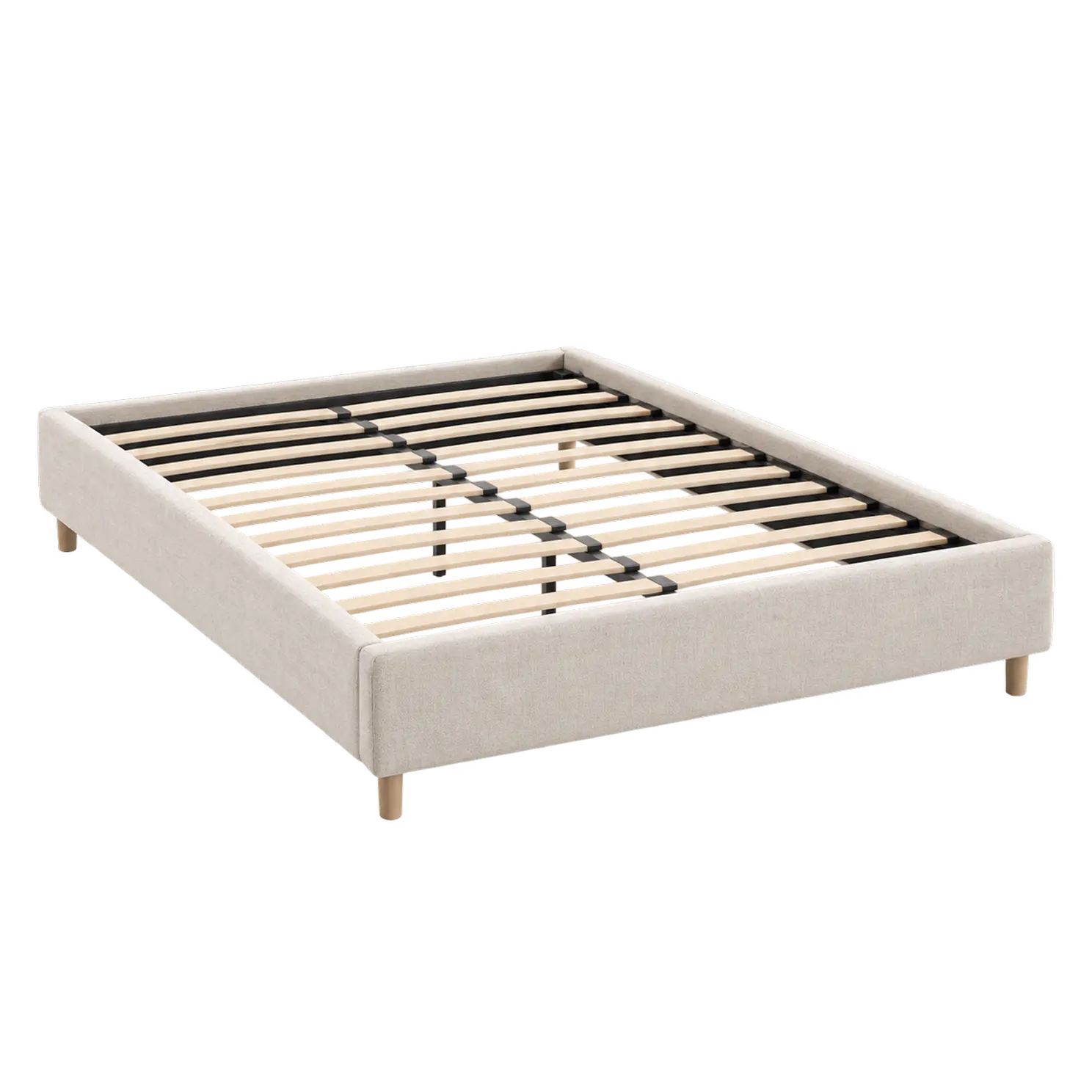 Upholstered bed frame freshly cleaned, fabric sides and slats renewed, proving the best mattress cleaning treats the frame along with the bed.