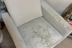 Gray glider chair before chair cleaning, with white milk like stains dried across the seat cushion.