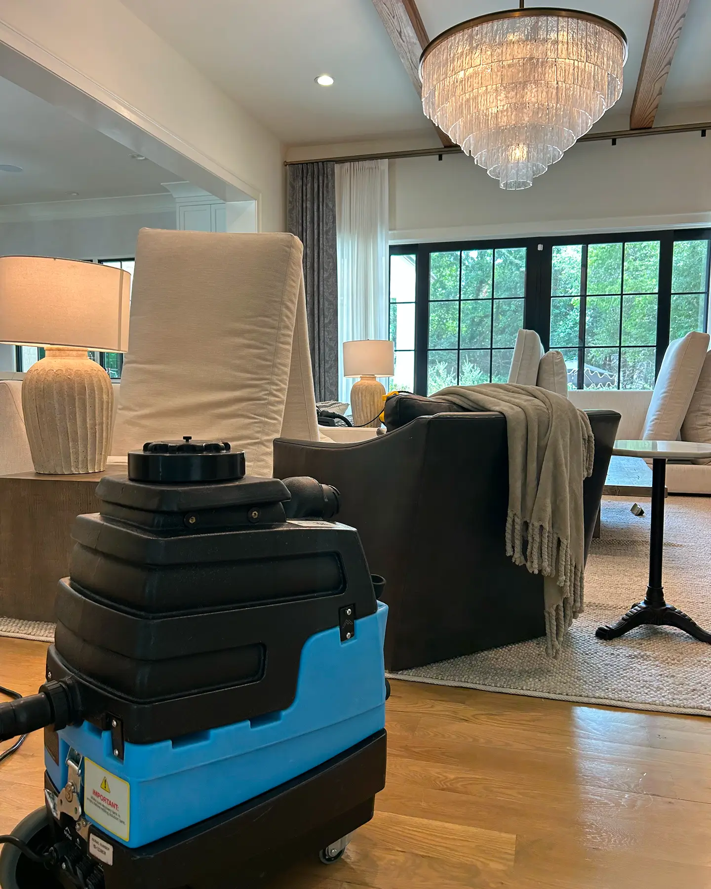 Couch Steamers extractor beside upholstered dining chairs in an elegant room. Expert chair cleaning for fresh, spotless seats.