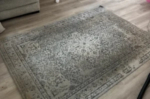 Gray oriental rug before rug cleaning, with dark pet stains and faded worn areas across the center pattern.