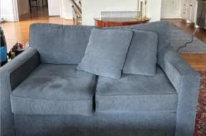 Gray fabric loveseat with soiled cushions before upholstery cleaning by Couch Steamers in a US living room